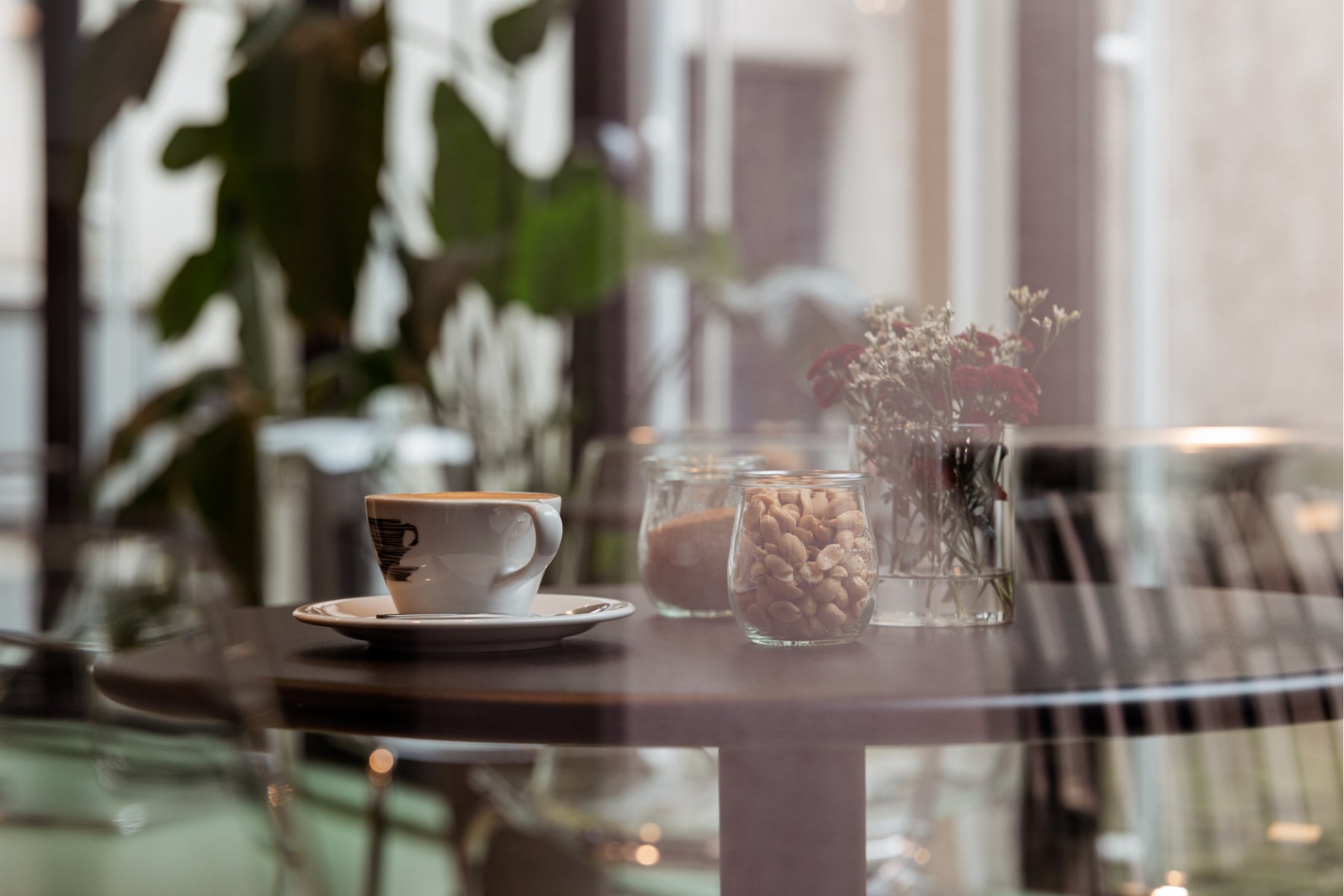 Tasse Cappuccino im Wintergarten